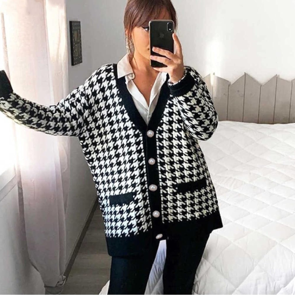 VICI x Fate Black and White Houndstooth Thick Knit Cardigan